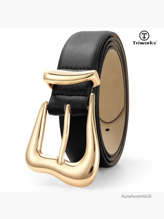 Women Leather Belt with Gold Buckle - Fits 26-31\